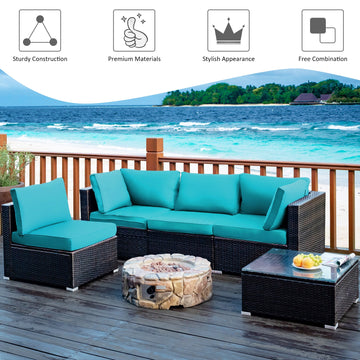 Costway 5-Piece Cushioned Patio Rattan Sofa Set with Glass Table Turquoise 80457192 New