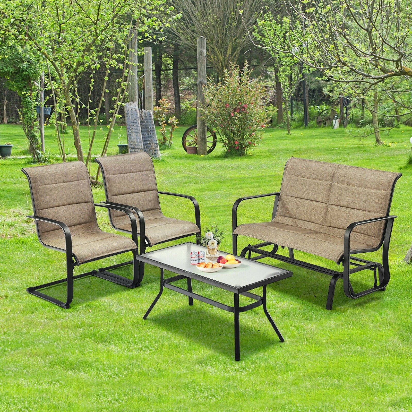 Costway 4-Piece Outdoor Patio Furniture Set Padded Glider Loveseat Coffee Table Brown 16735904 New