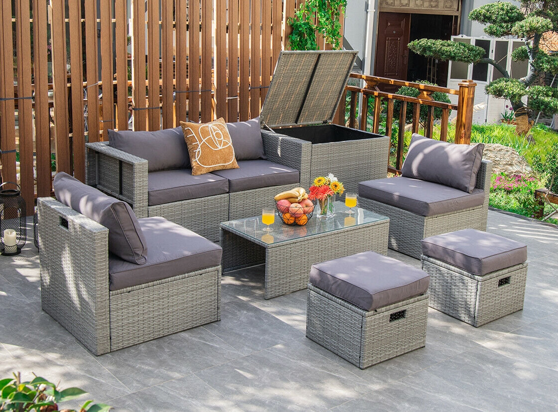 Costway 8-Piece Patio Rattan Sofa Furniture Set w/ Storage Cover Cushions 21549738 New