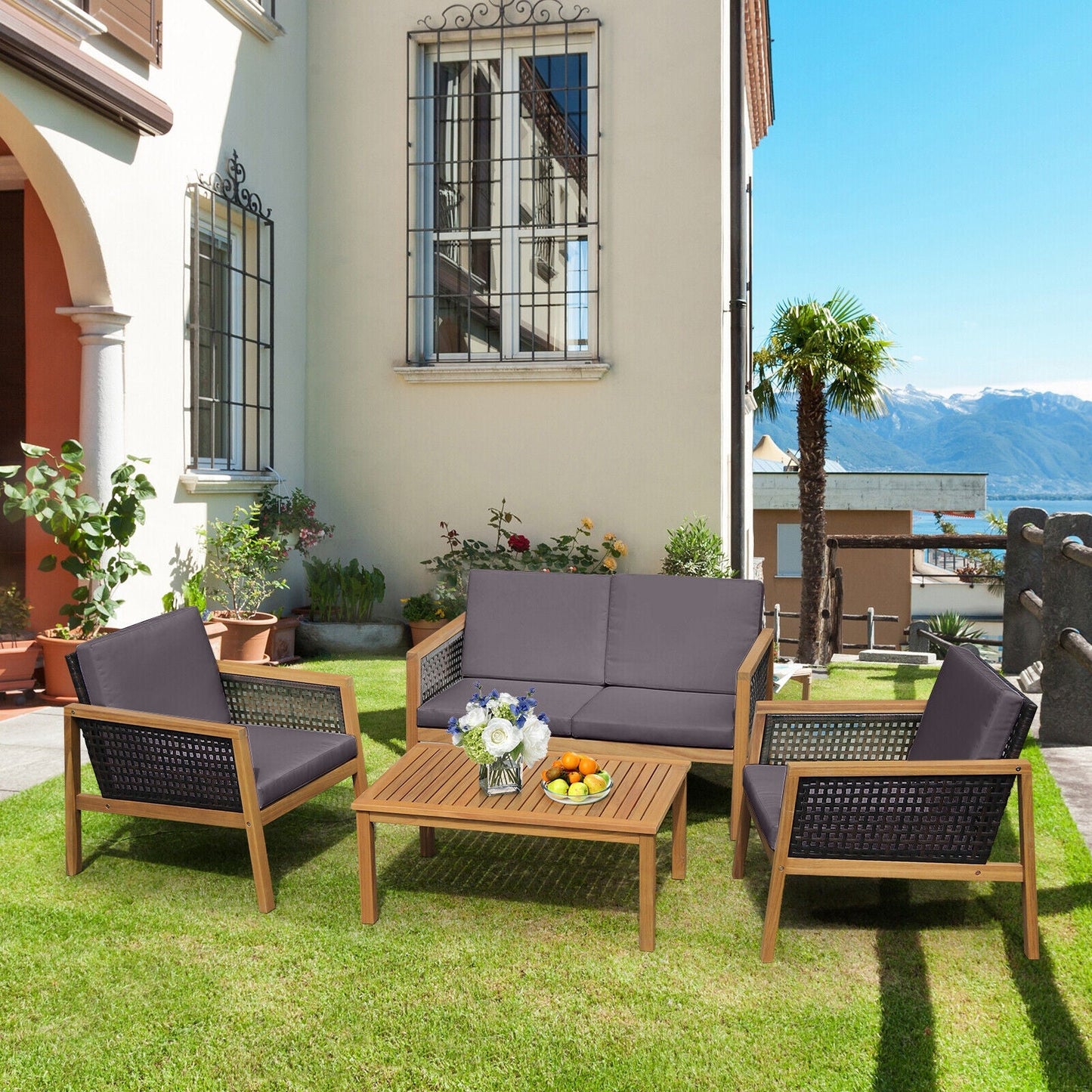 Costway 4-Piece Patio Rattan Furniture Set Removable Cushions White 42961830 New