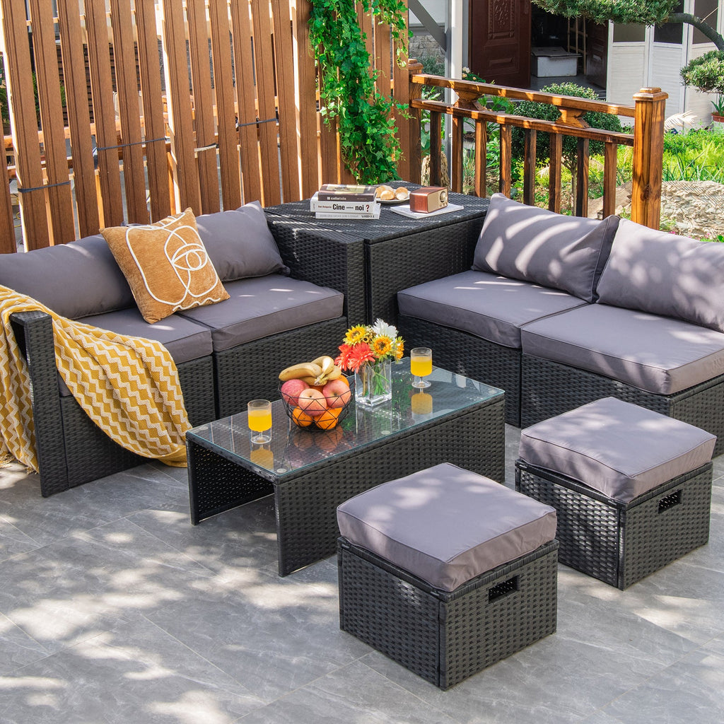 Costway 8-Piece Patio Rattan Furniture Set Storage Table Gray 60532897 New