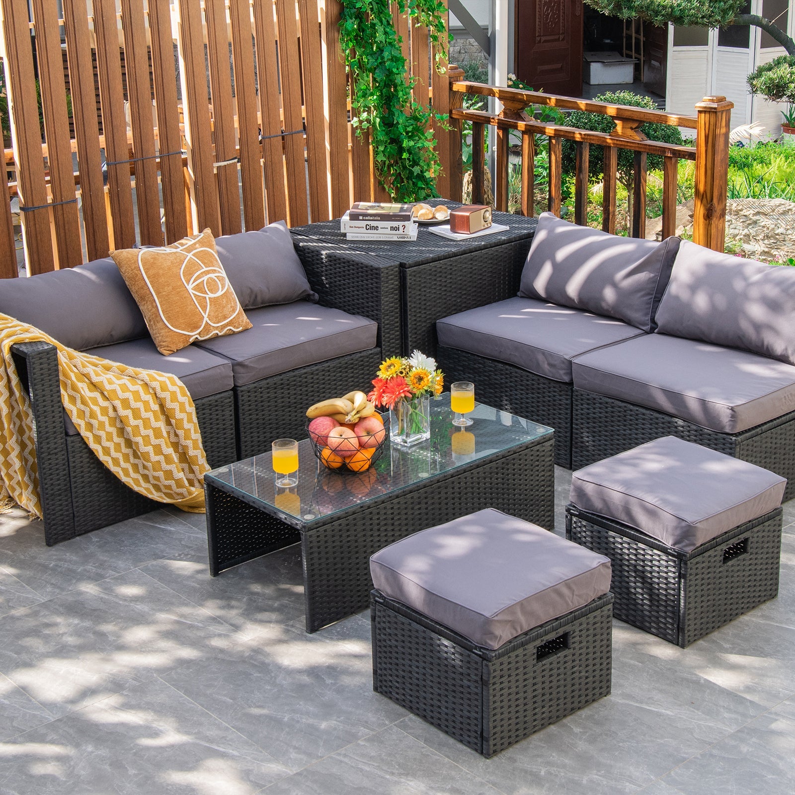 Costway 8-Piece Patio Rattan Furniture Set Storage Table Gray 60532897 New