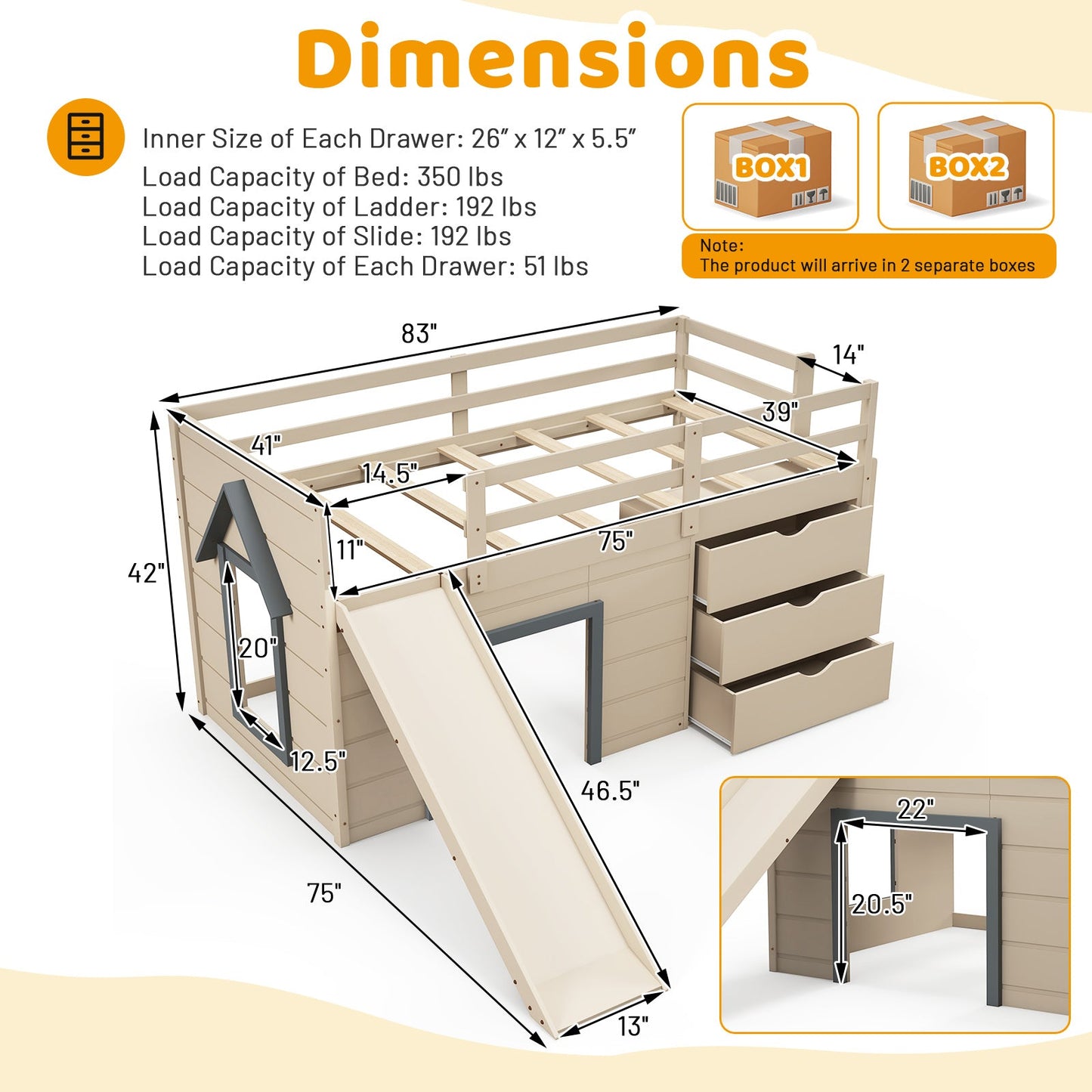 Costway Twin Loft Bed w/ Slide Ladder Drawers for Kids Teens 74651298 New