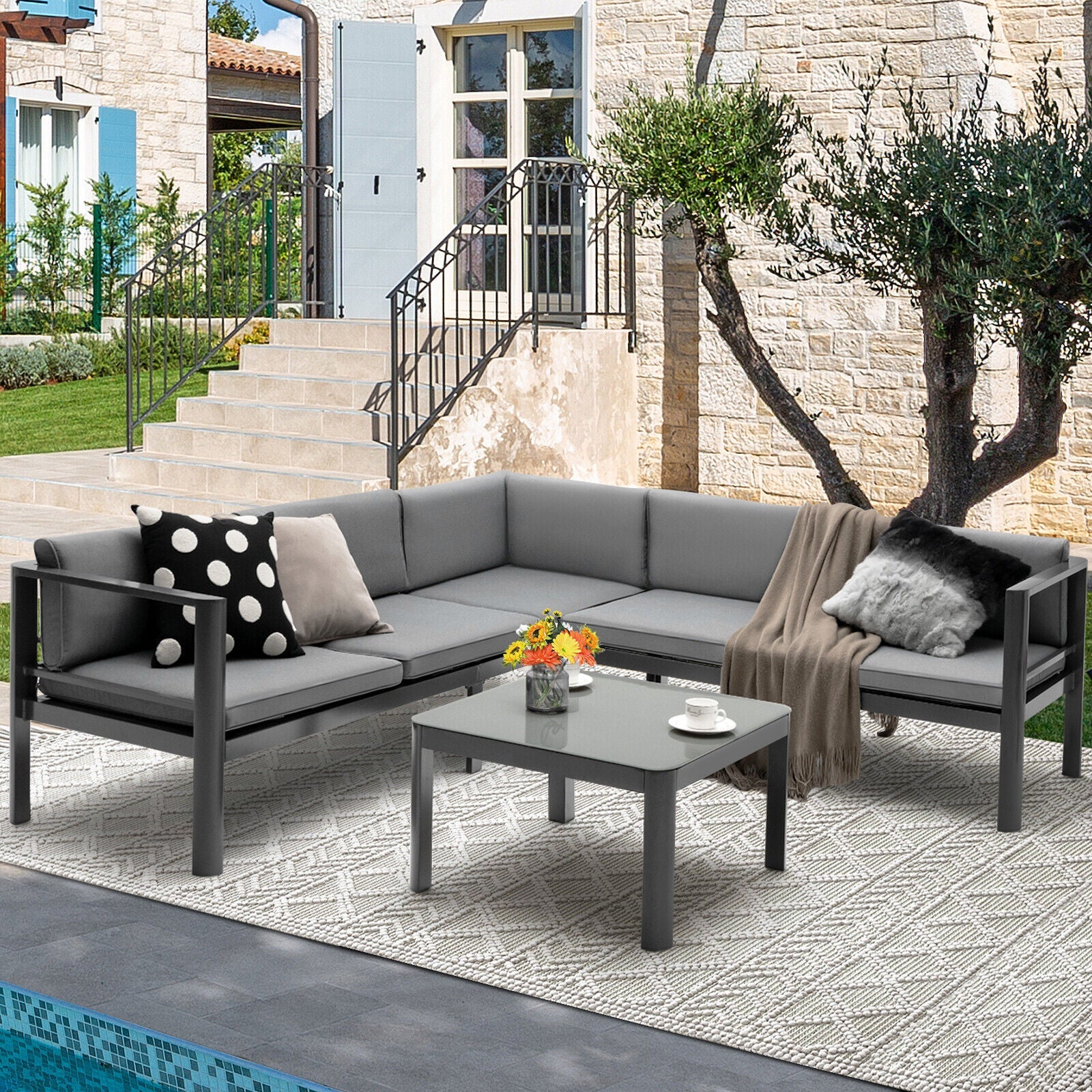 Costway 3-Pc Aluminum Patio Furniture Set Adjustable Backrest Sofa 81472639 New
