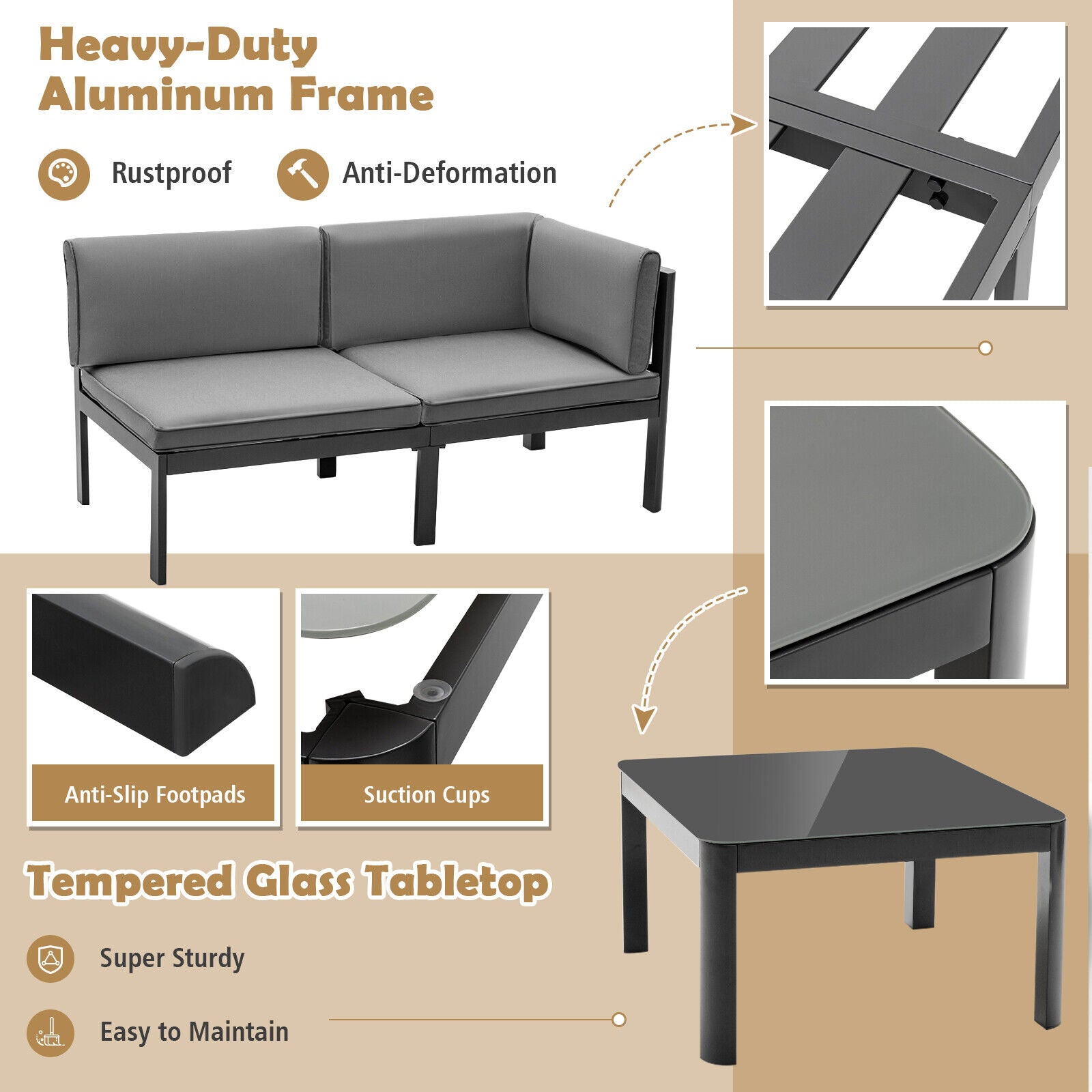 Costway 3-Pc Aluminum Patio Furniture Set Adjustable Backrest Sofa 81472639 New