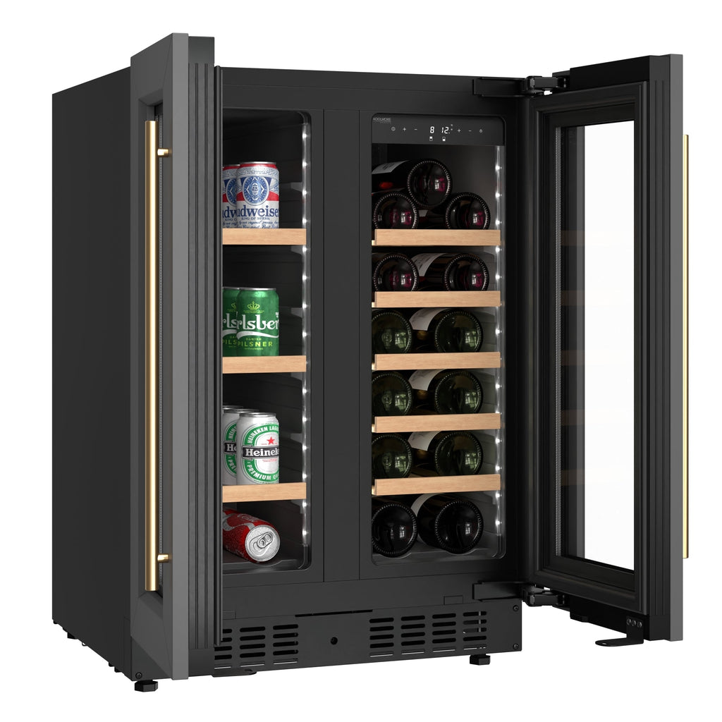 KoolMore Reserve 24 in. French Door Dual Zone Panel Ready Under-Counter Cooler with Wooden Shelves and 20 Bottle Capacity in the Right Zone and 2.1 Cu. Ft. on the Left in Black