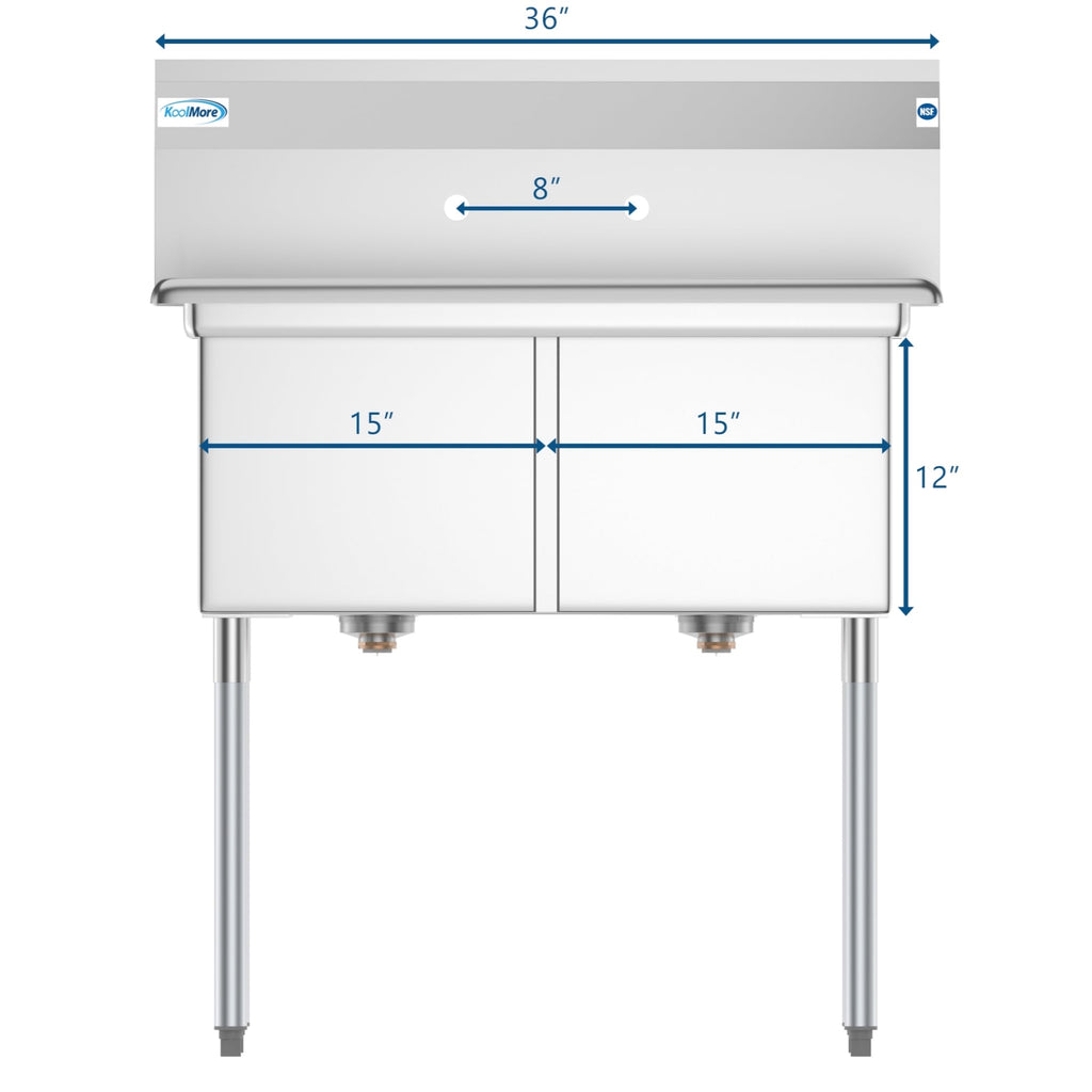 36 in. Two Compartment Stainless Steel Commercial Sink, Bowl Size 15"x 15"x 12"