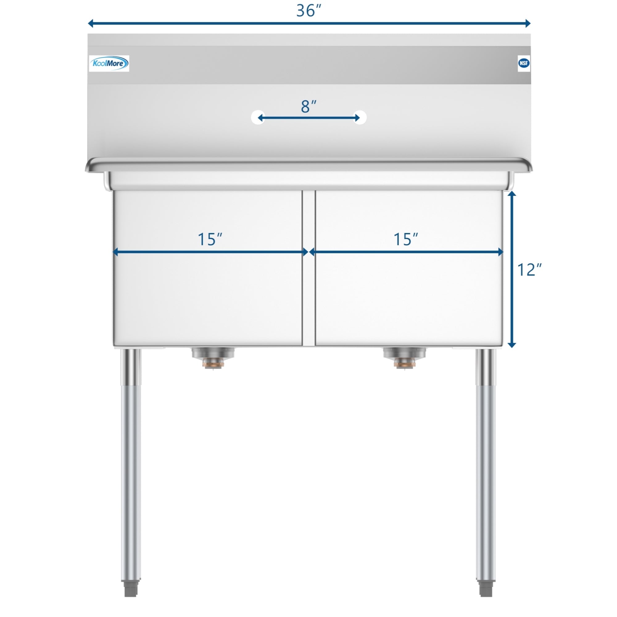 36 in. Two Compartment Stainless Steel Commercial Sink, Bowl Size 15"x 15"x 12"