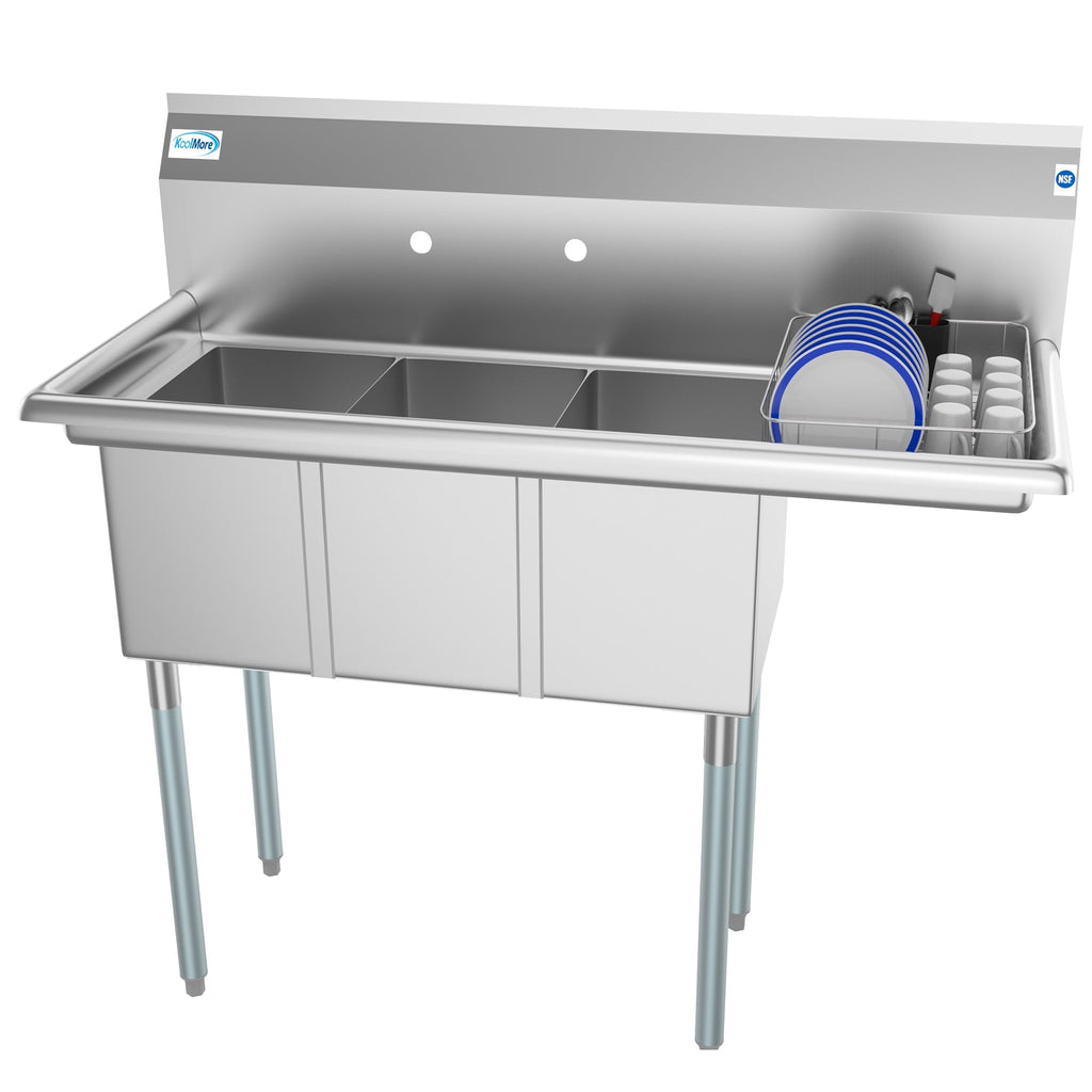45 in. Three Compartment Stainless Steel Commercial Sink with Drainboard, Bowl Size 10"x 14"x 10"