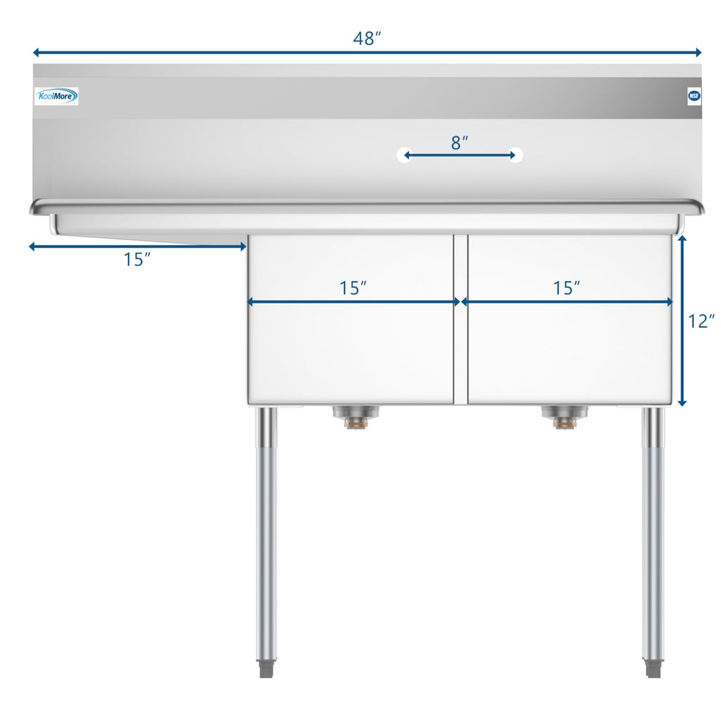 48 in. Two Compartment Stainless Steel Commercial Sink with 2 Drainboards, Bowl Size 15"x 15"x 12"