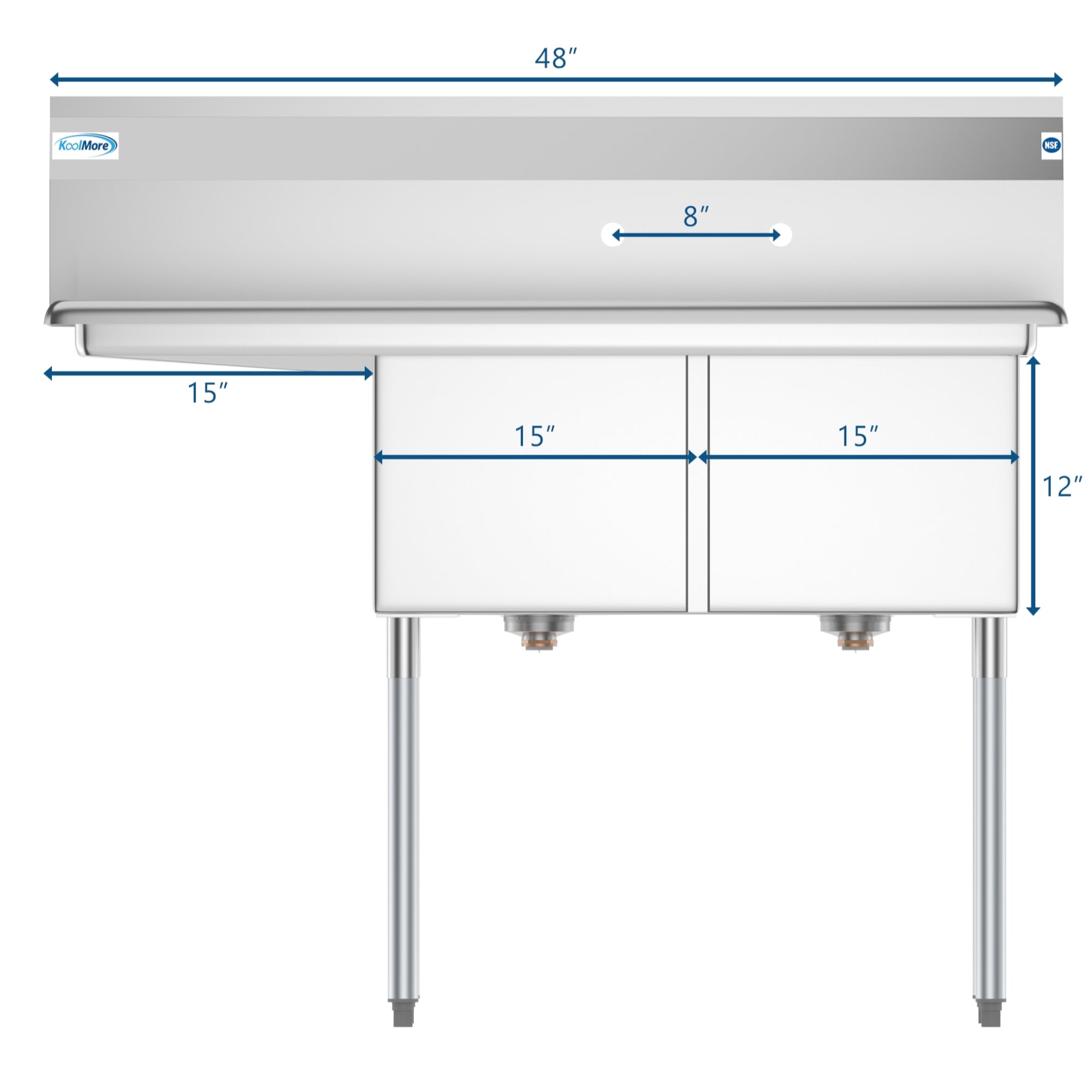 48 in. Two Compartment Stainless Steel Commercial Sink with 2 Drainboards, Bowl Size 15"x 15"x 12"