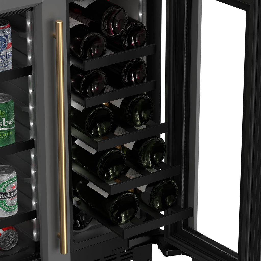 KoolMore Reserve 24 in. French Door Dual Zone Panel Ready Under-Counter Cooler with Black Shelves and 20 Bottle Capacity in the Right Zone and 2.1 Cu. Ft. on the Left in Black