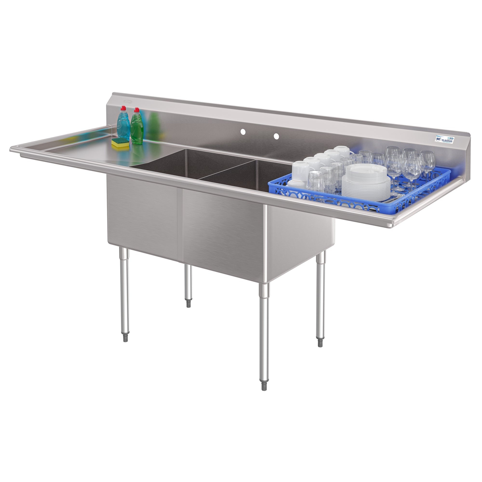 84 in. 18-Gauge 2-Compartment Commercial Sink with Backsplash and 24 in. Dual Drainboards, Bowl dimensions 18"x24"x14" in Stainless-Steel