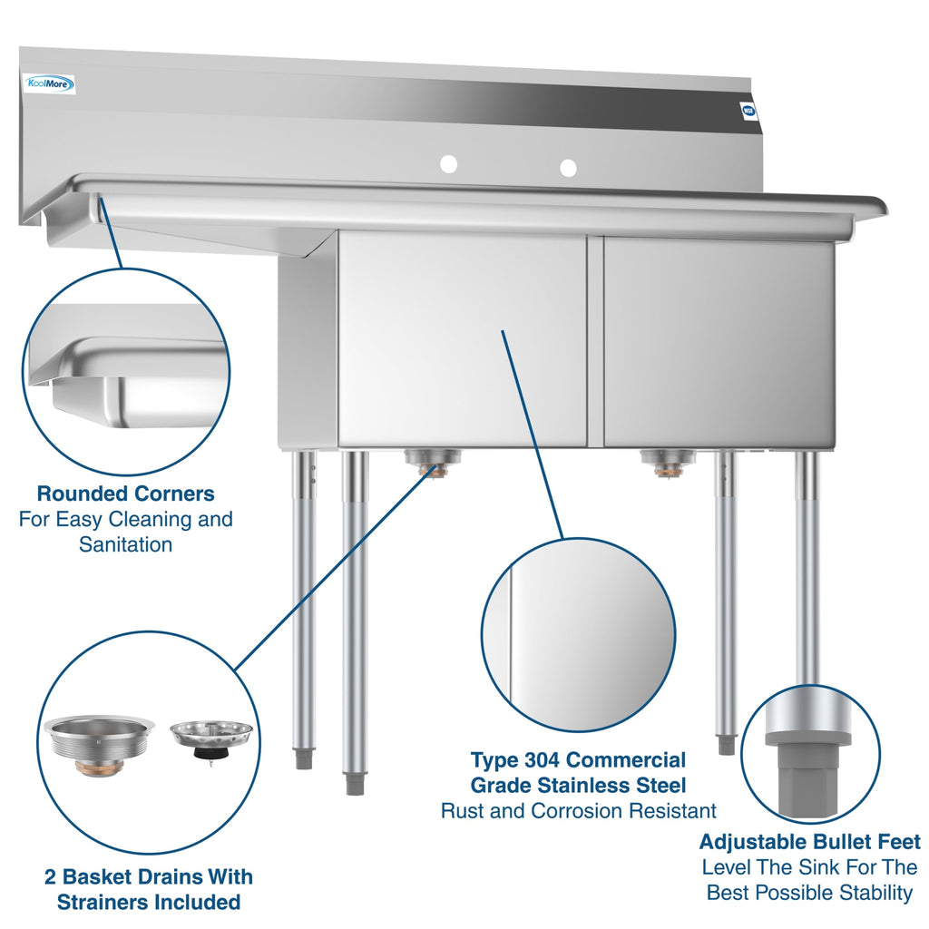 48 in. Two Compartment Stainless Steel Commercial Sink with 2 Drainboards, Bowl Size 15"x 15"x 12"