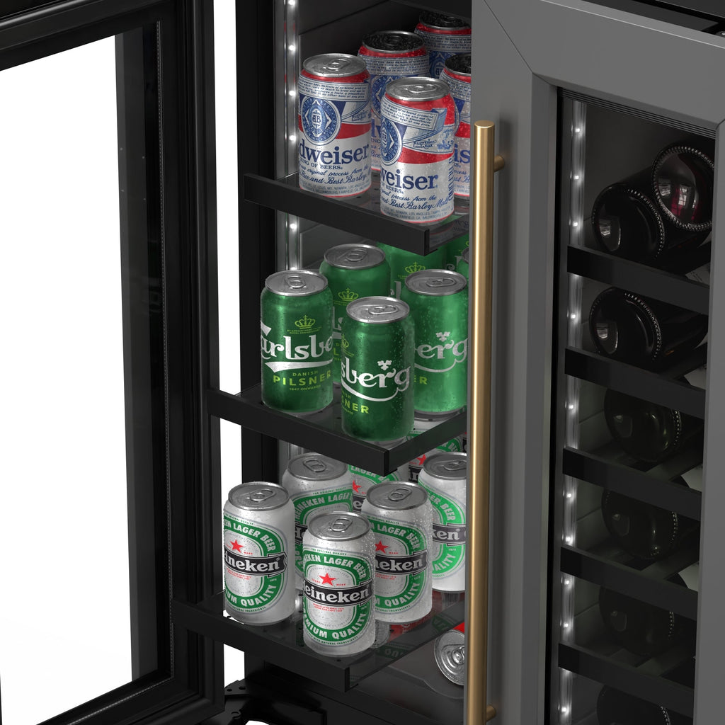 KoolMore Reserve 24 in. French Door Dual Zone Panel Ready Under-Counter Cooler with Black Shelves and 20 Bottle Capacity in the Right Zone and 2.1 Cu. Ft. on the Left in Black