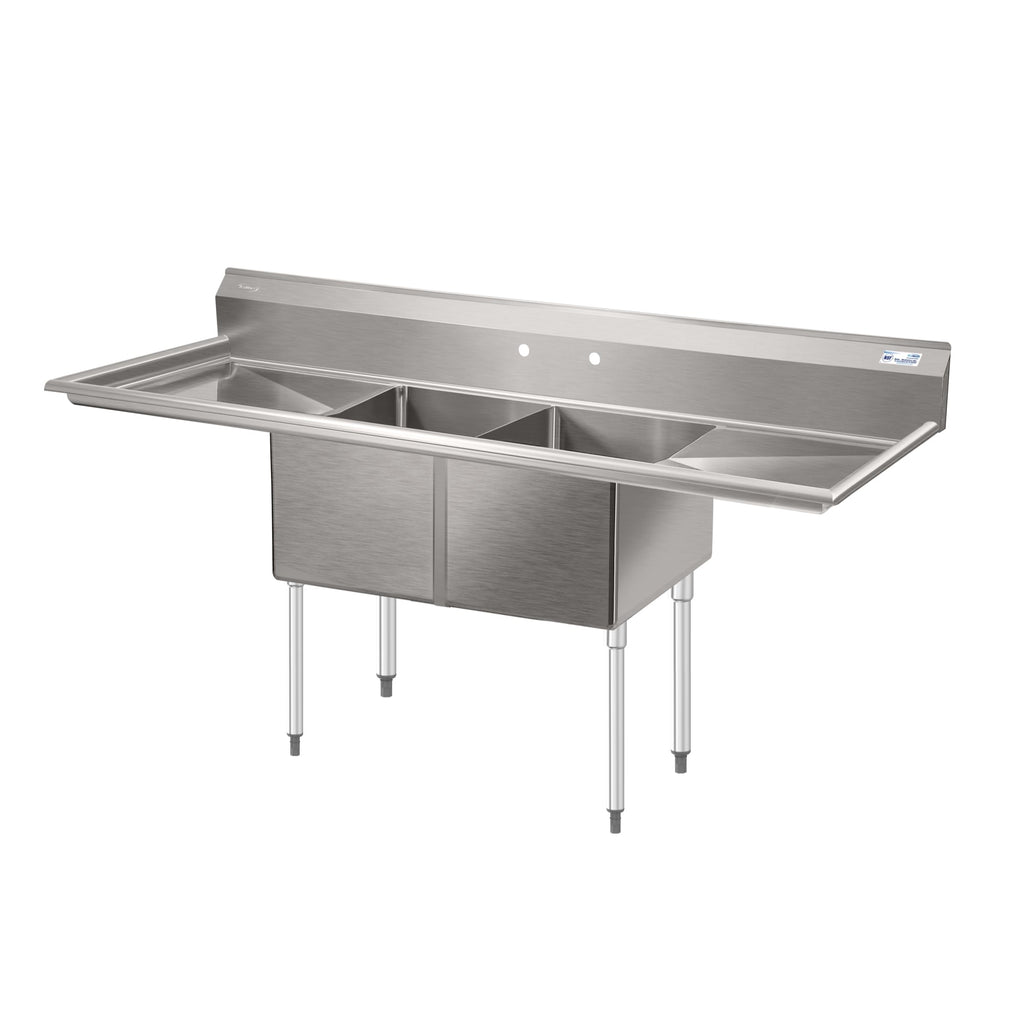 72 in. 16-Gauge Commercial Sink with Backsplash and Dual 18 in. Drainboards, Bowl Dimensions 18"x18"x14" in Stainless-Steel
