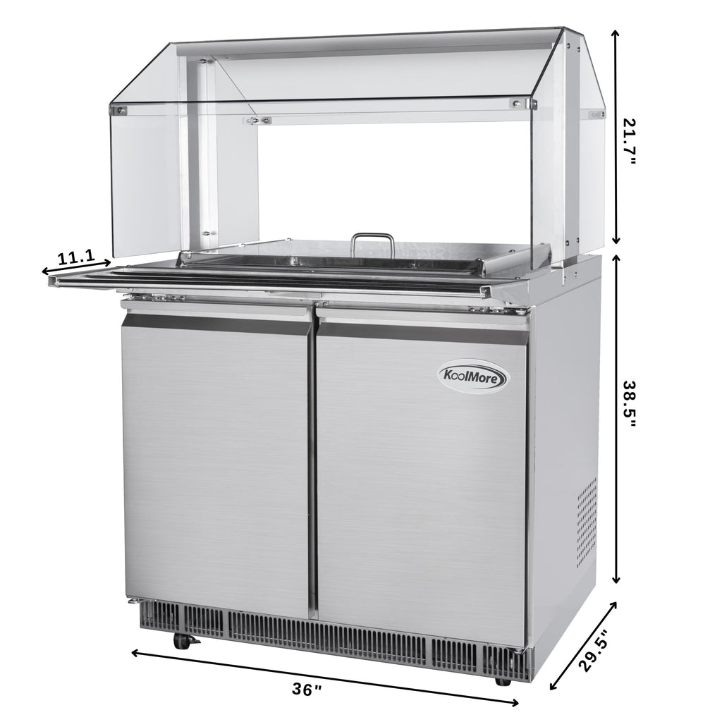 36 in. Commercial Refrigerated Prep Station with Sneeze Guard and Buffet Slide, 6-Pan (Not Included) with Cover Capacity and Two Adjustable Shelves in Stainless Steel, ETL Listed