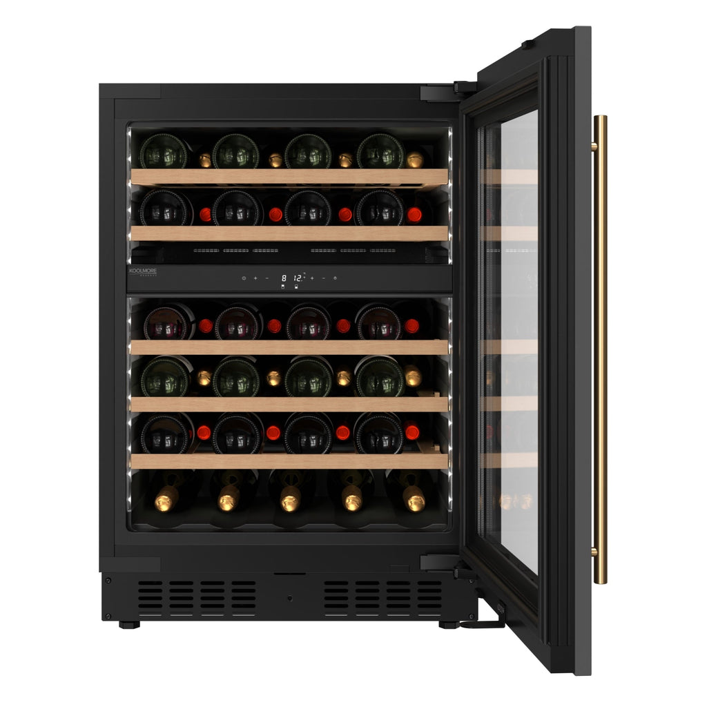 KoolMore Reserve 24 in. Under-Counter Panel Ready Dual Zone Built-in Wine Cooler with 45 Bottle Capacity and Wooden Shelves in Black