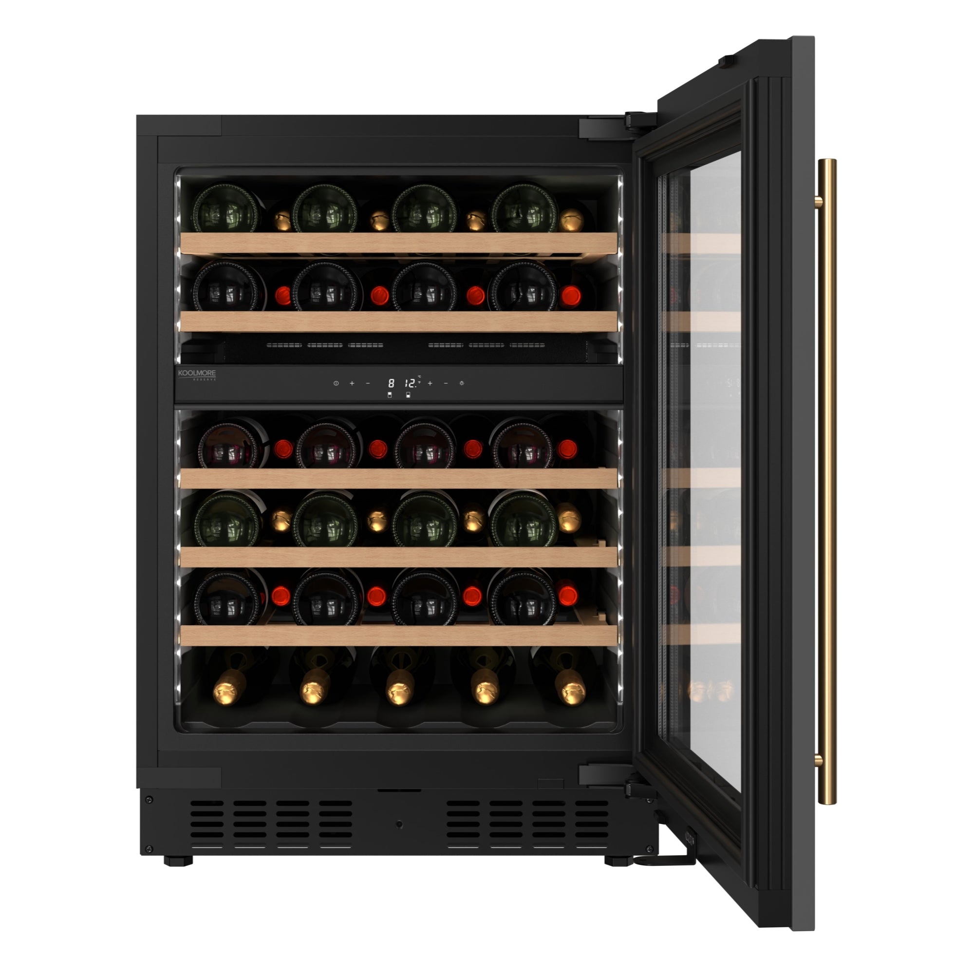 KoolMore Reserve 24 in. Under-Counter Panel Ready Dual Zone Built-in Wine Cooler with 45 Bottle Capacity and Wooden Shelves in Black
