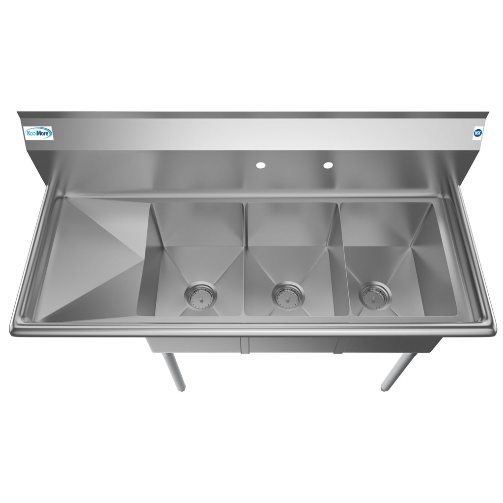 51 in. Three Compartment Stainless Steel Commercial Sink with Drainboard, Bowl Size 12"x 16"x 10"