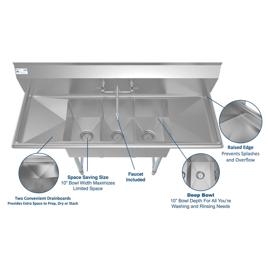 54 in. Three Compartment Stainless Steel Commercial Sink with Faucet and Drainboards, Bowl Size 10"x 10"x 14" SC101410-12B3FA .