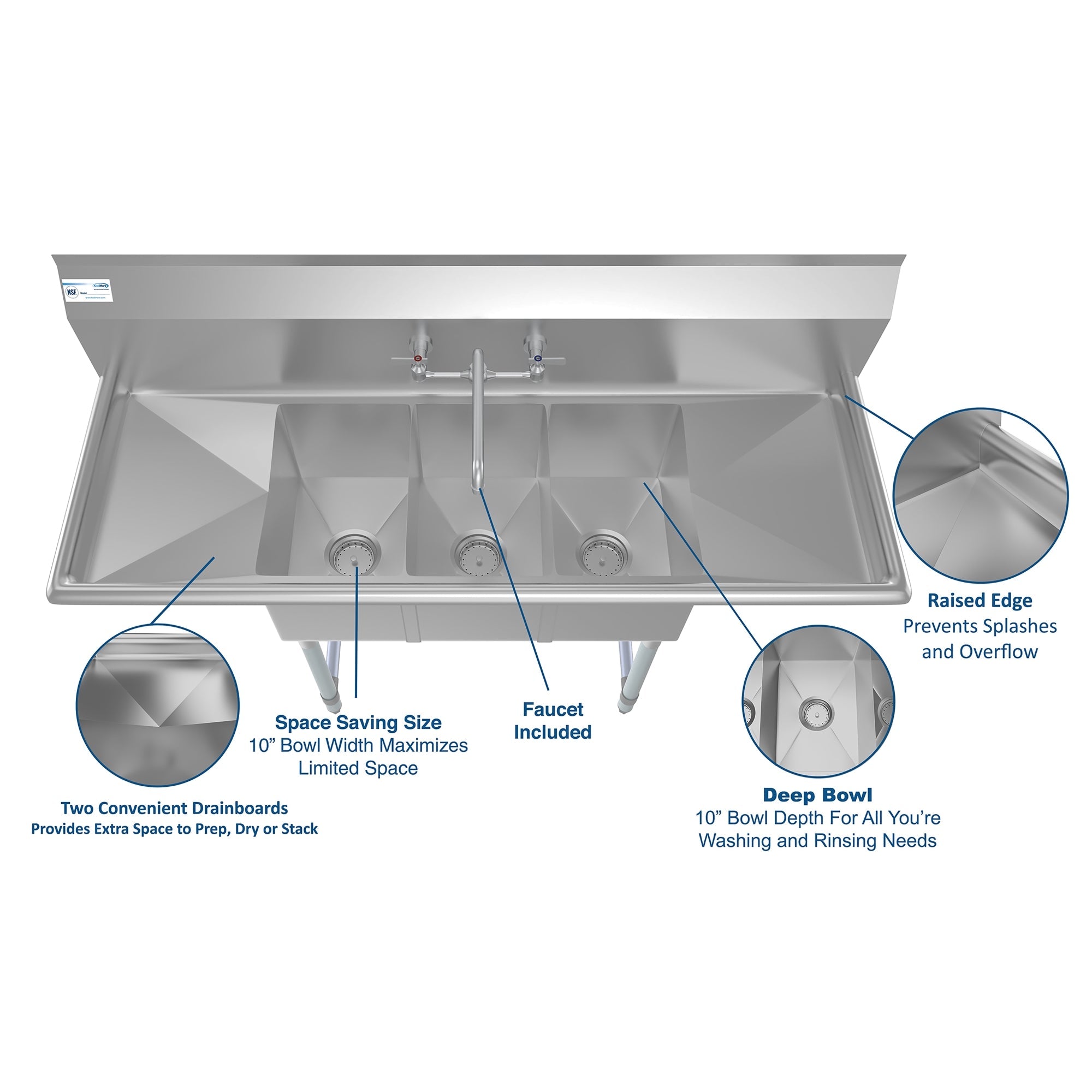 54 in. Three Compartment Stainless Steel Commercial Sink with Faucet and Drainboards, Bowl Size 10"x 10"x 14" SC101410-12B3FA .