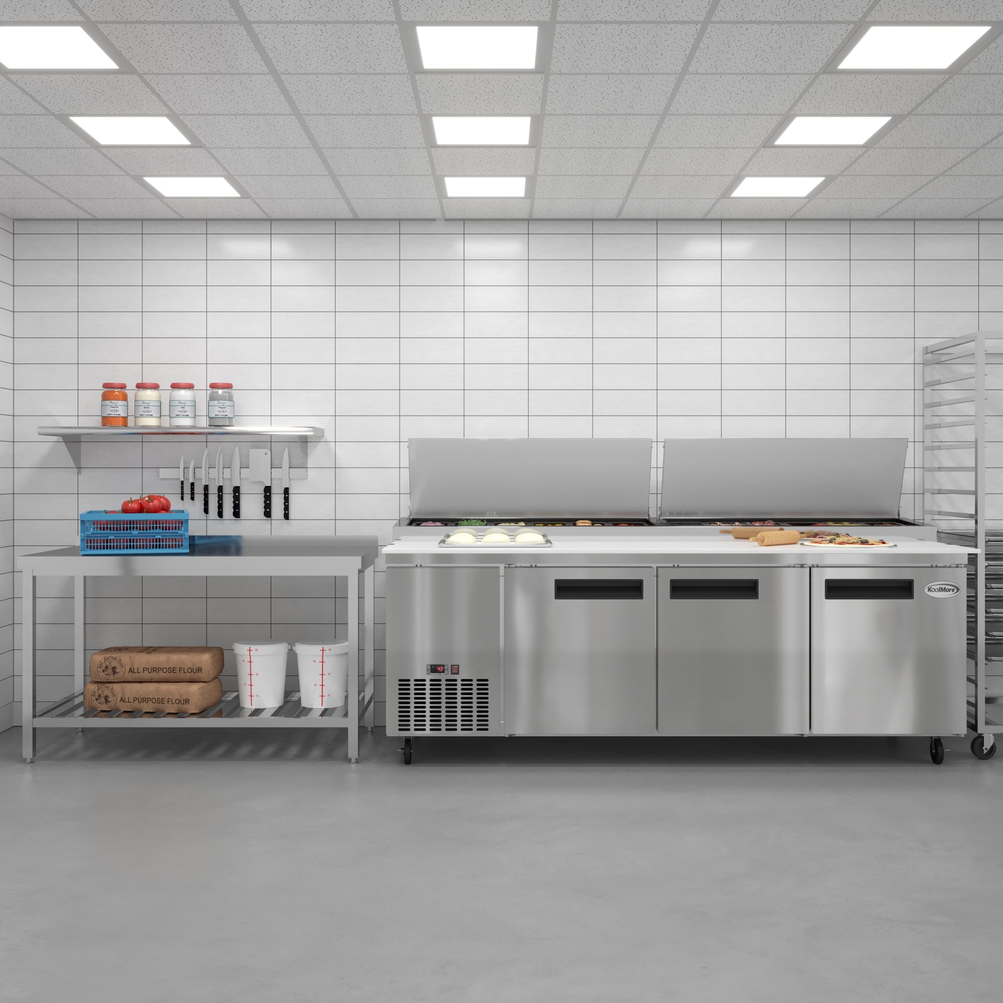 92 In. Three Door Commercial Pizza Prep Refrigerator in Stainless-Steel