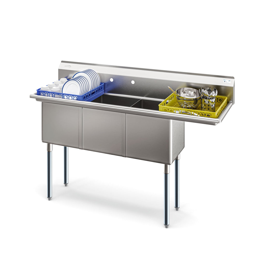 63 in. Three Compartment Commercial Sink, Bowl Size 15x15x14, 18-Gauge Stainless-Steel with Right Drainboard