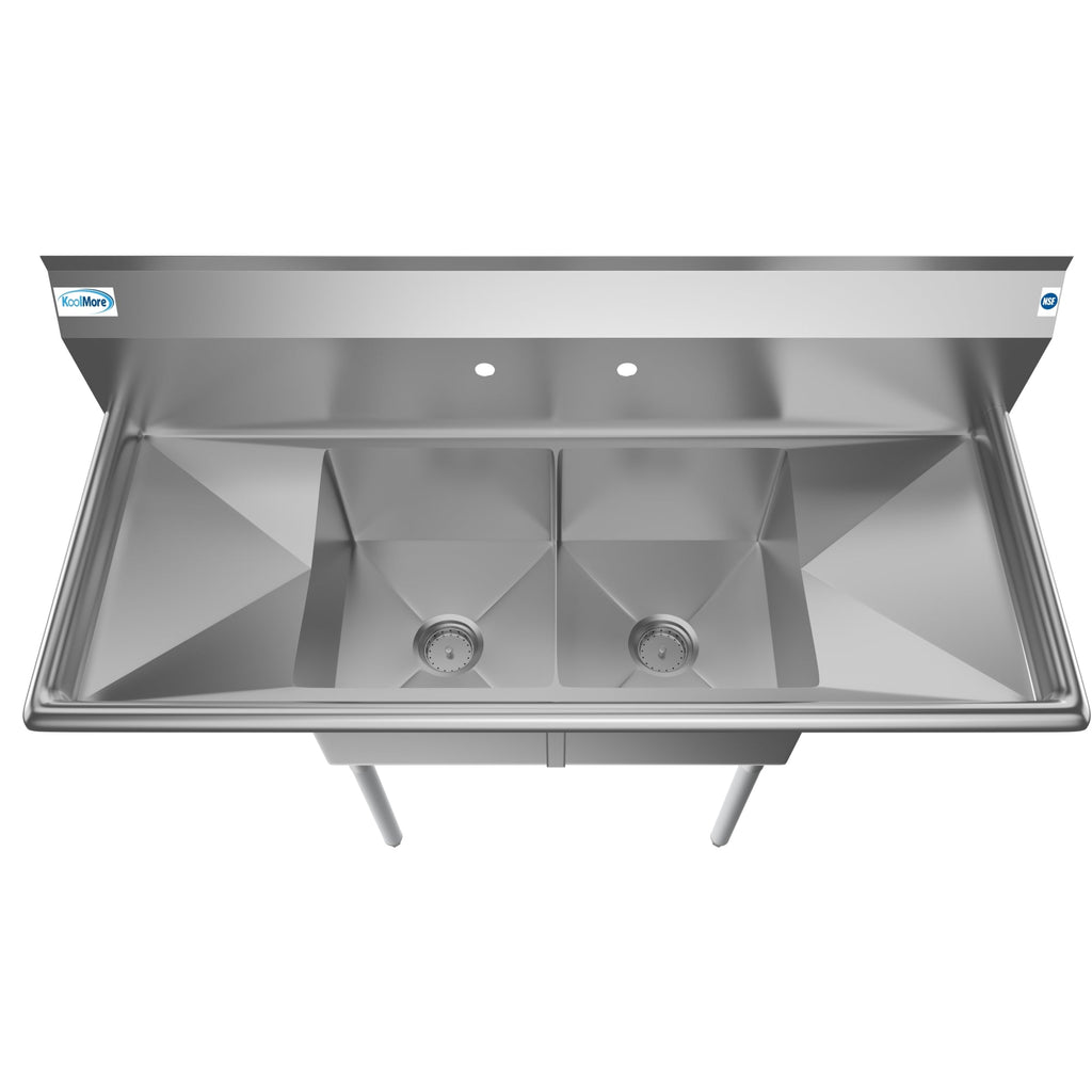 52 in. Two Compartment Stainless Steel Commercial Sink with 2 Drainboards, Bowl Size 14"x 16"x 11"
