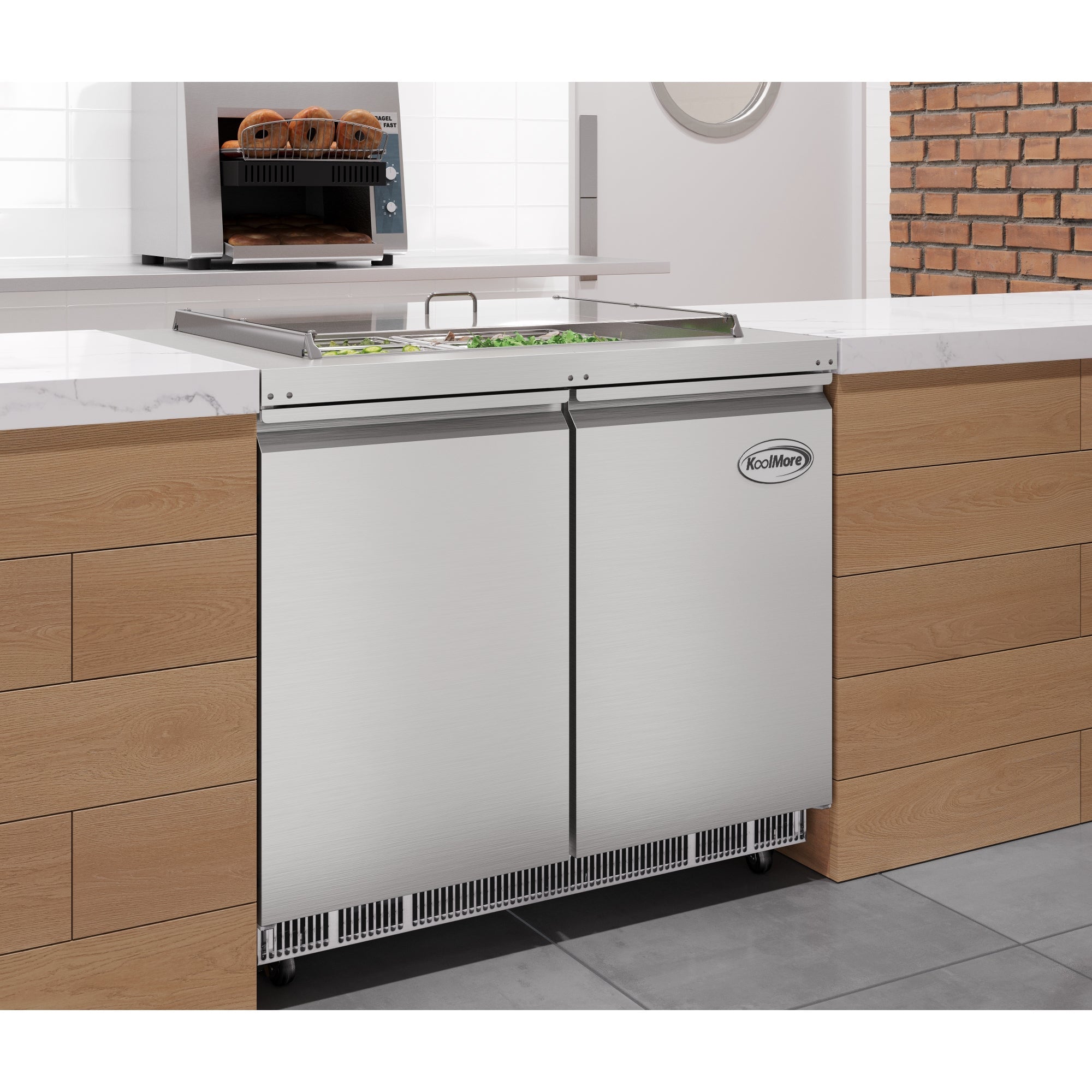 36 in. Commercial Refrigerated Prep Station Cold Table, Stainless-Steel Refrigerator with 6-Pan (Not Included) with Cover Capacity and Two Adjustable Shelves