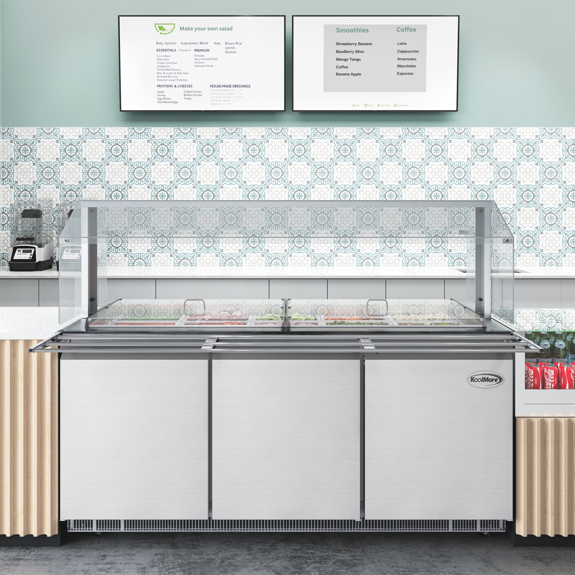 72 in. Commercial Refrigerated Prep Station with Sneeze Guard and Buffet Slide, 15-Pan (Not Included) Capacity and Three Adjustable Shelves in Stainless-Steel, ETL Listed