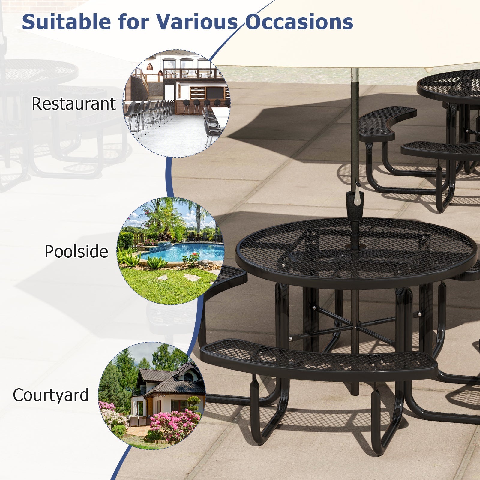 Costway 45" Outdoor Round Picnic Table Bench Set for 8 w/ Umbrella Hole Black 43967281 New