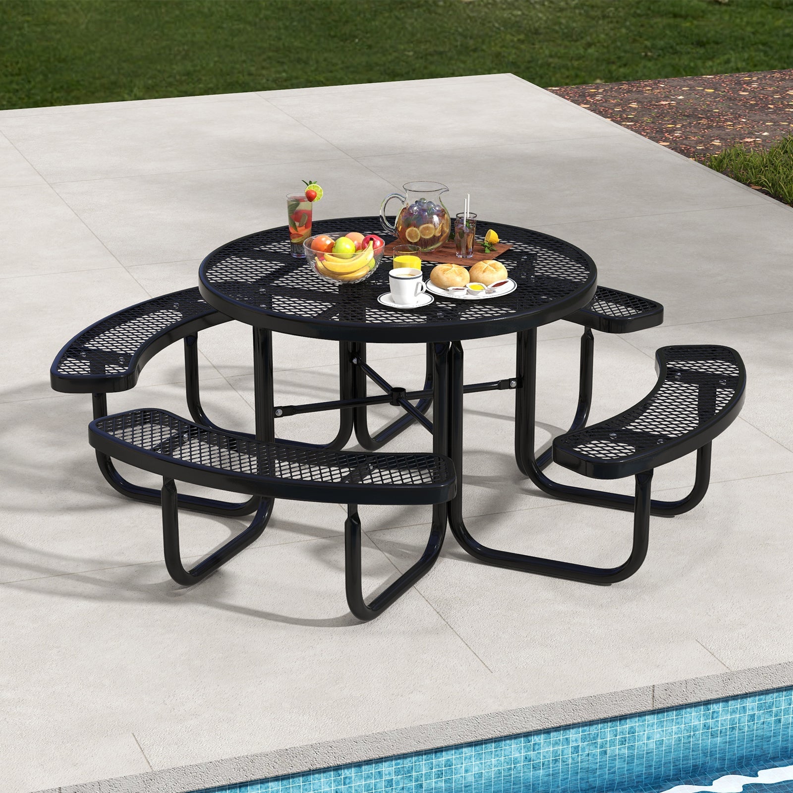 Costway 45" Outdoor Round Picnic Table Bench Set for 8 w/ Umbrella Hole Black 43967281 New