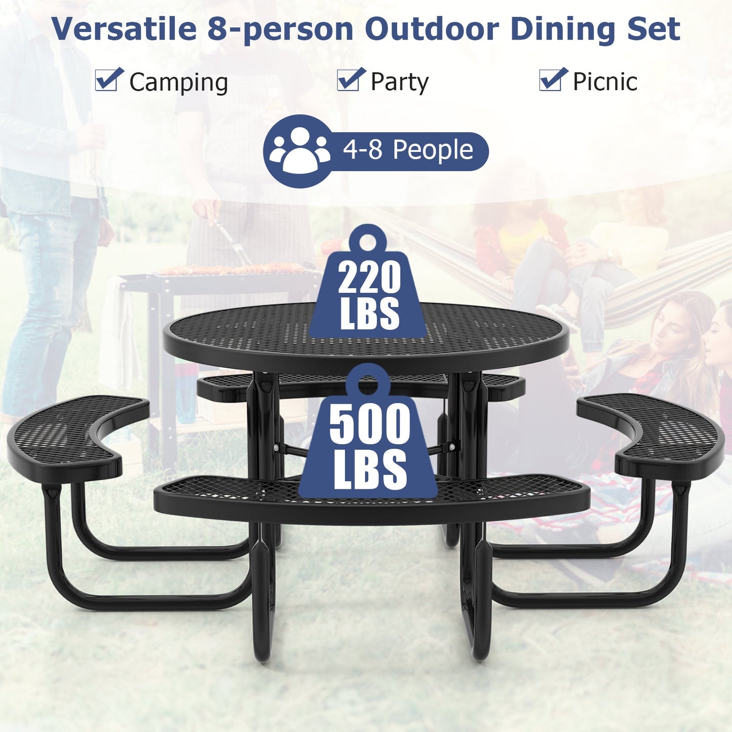Costway 45" Outdoor Round Picnic Table Bench Set for 8 w/ Umbrella Hole Black 43967281 New