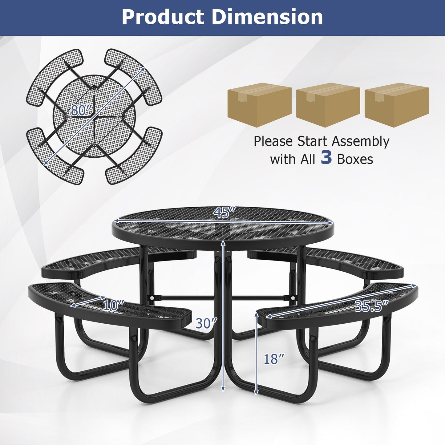 Costway 45" Outdoor Round Picnic Table Bench Set for 8 w/ Umbrella Hole Black 43967281 New