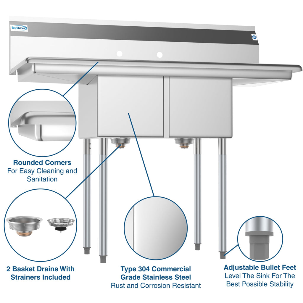 48 in. Two Compartment Stainless Steel Commercial Sink with 2 Drainboards, Bowl Size 12"x 16"x 10"