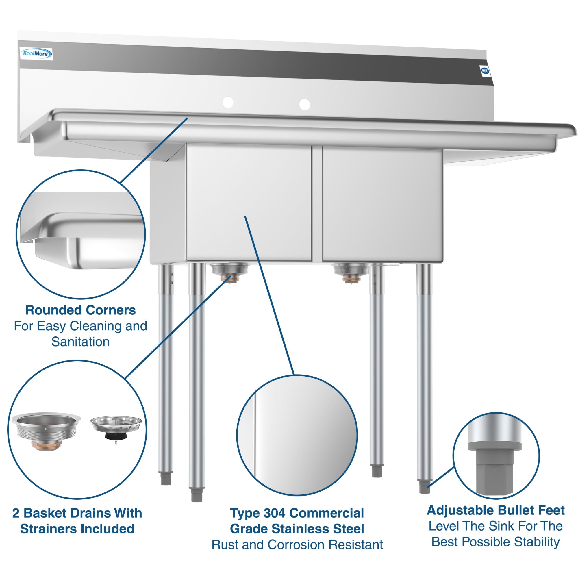 48 in. Two Compartment Stainless Steel Commercial Sink with 2 Drainboards, Bowl Size 12"x 16"x 10"