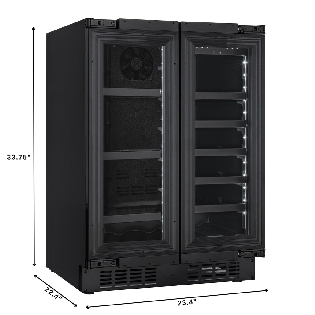 KoolMore Reserve 24 in. French Door Dual Zone Panel Ready Under-Counter Cooler with Black Shelves and 20 Bottle Capacity in the Right Zone and 2.1 Cu. Ft. on the Left in Black