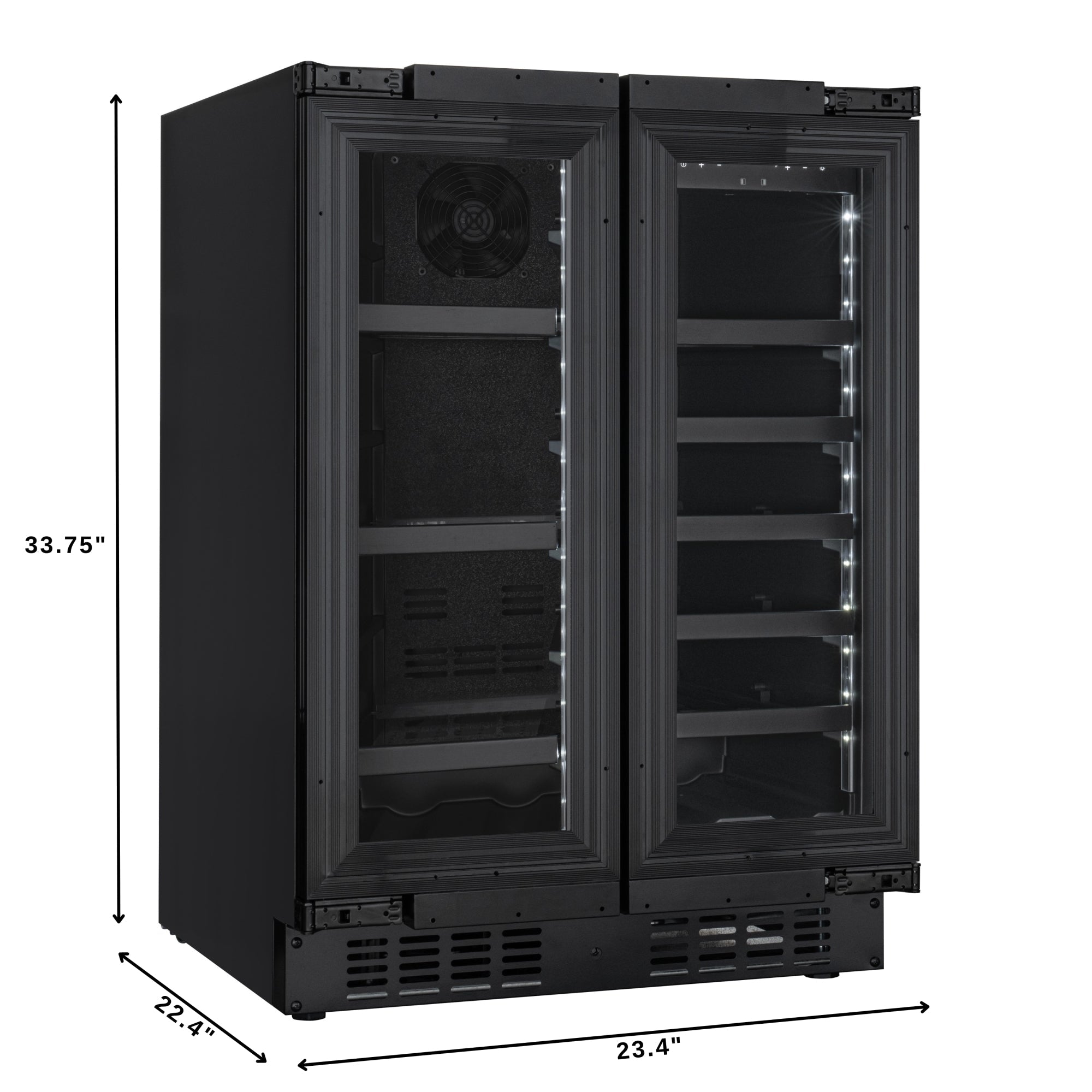 KoolMore Reserve 24 in. French Door Dual Zone Panel Ready Under-Counter Cooler with Black Shelves and 20 Bottle Capacity in the Right Zone and 2.1 Cu. Ft. on the Left in Black