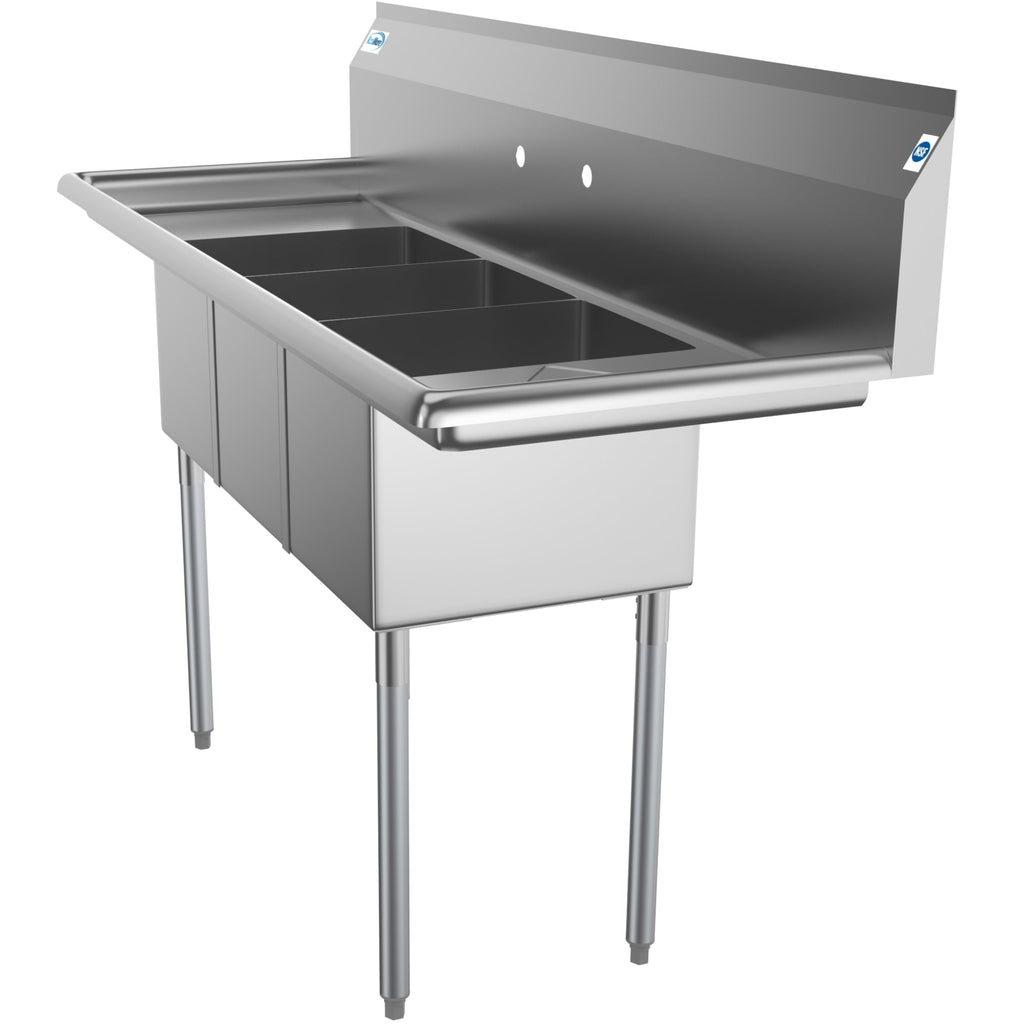 60 in. Three Compartment Stainless Steel Commercial Sink With Drainboards, Bowl Size 12"x 16"x 10"