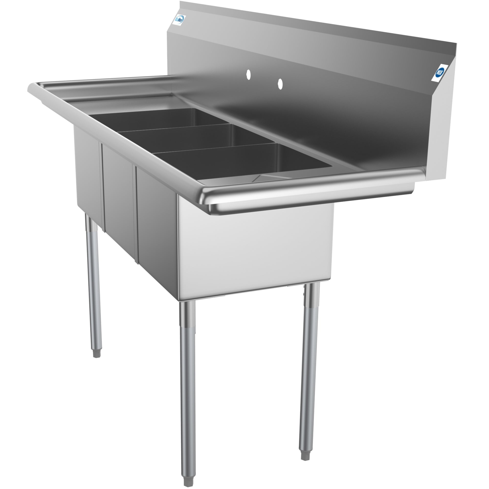 60 in. Three Compartment Stainless Steel Commercial Sink With Drainboards, Bowl Size 12"x 16"x 10"