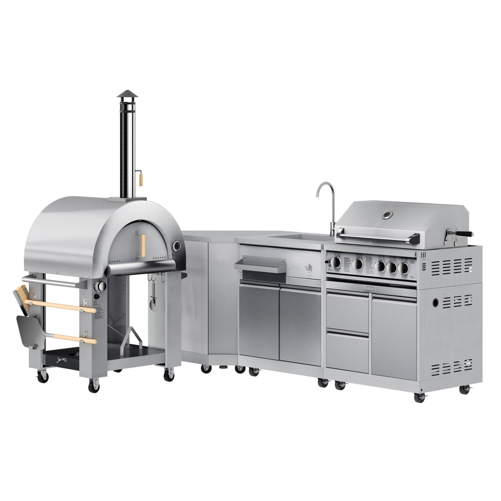 KoolMore Outdoor Kitchen Series Modular Kitchen with a Dual Fuel Pizza Oven, Corner Cabinet, Sink, 30 in. BBQ Grill and Cabinet in Stainless-Steel