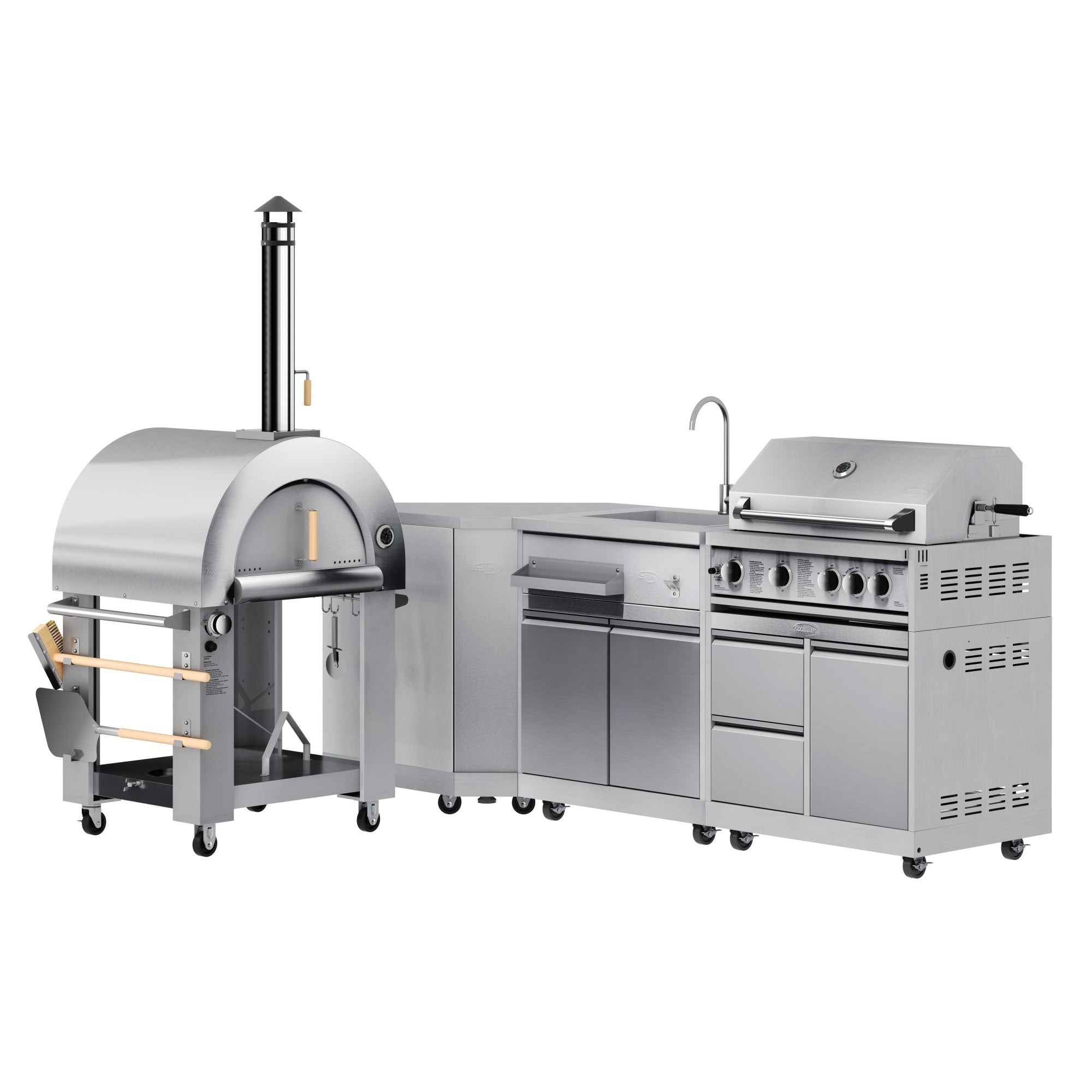 KoolMore Outdoor Kitchen Series Modular Kitchen with a Dual Fuel Pizza Oven, Corner Cabinet, Sink, 30 in. BBQ Grill and Cabinet in Stainless-Steel