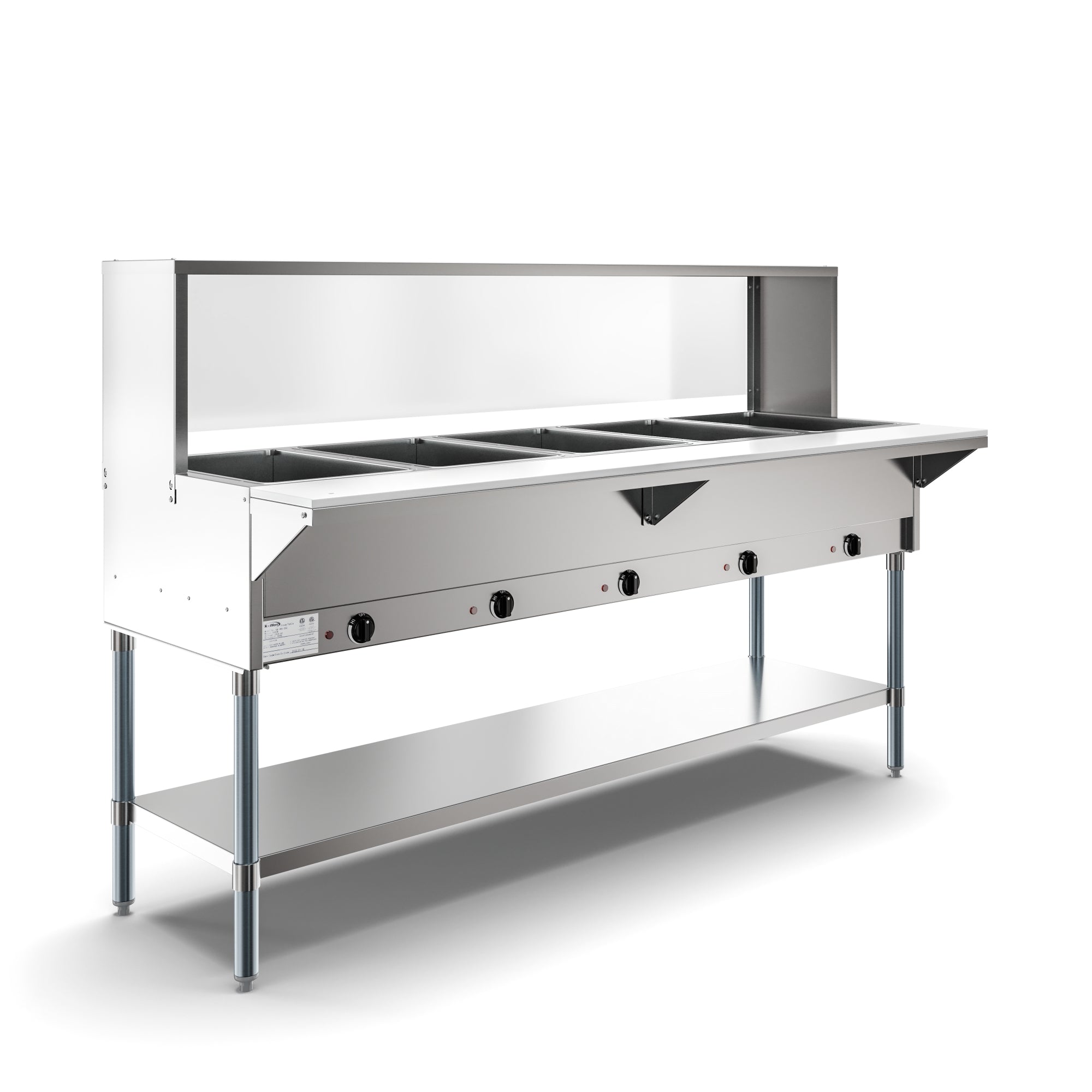 Five Pan Open Well Electric Steam Table with Undershelf and Sneeze-Guard, 240V
