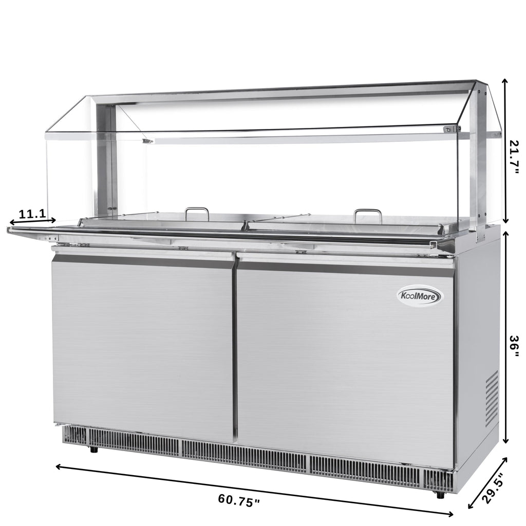 60 in. Commercial Refrigerated Prep Station with Sneeze Guard and Buffet Slide, 12-Pan (Not Included) Capacity with Covers and Two Adjustable Shelves in Stainless-Steel, ETL Listed