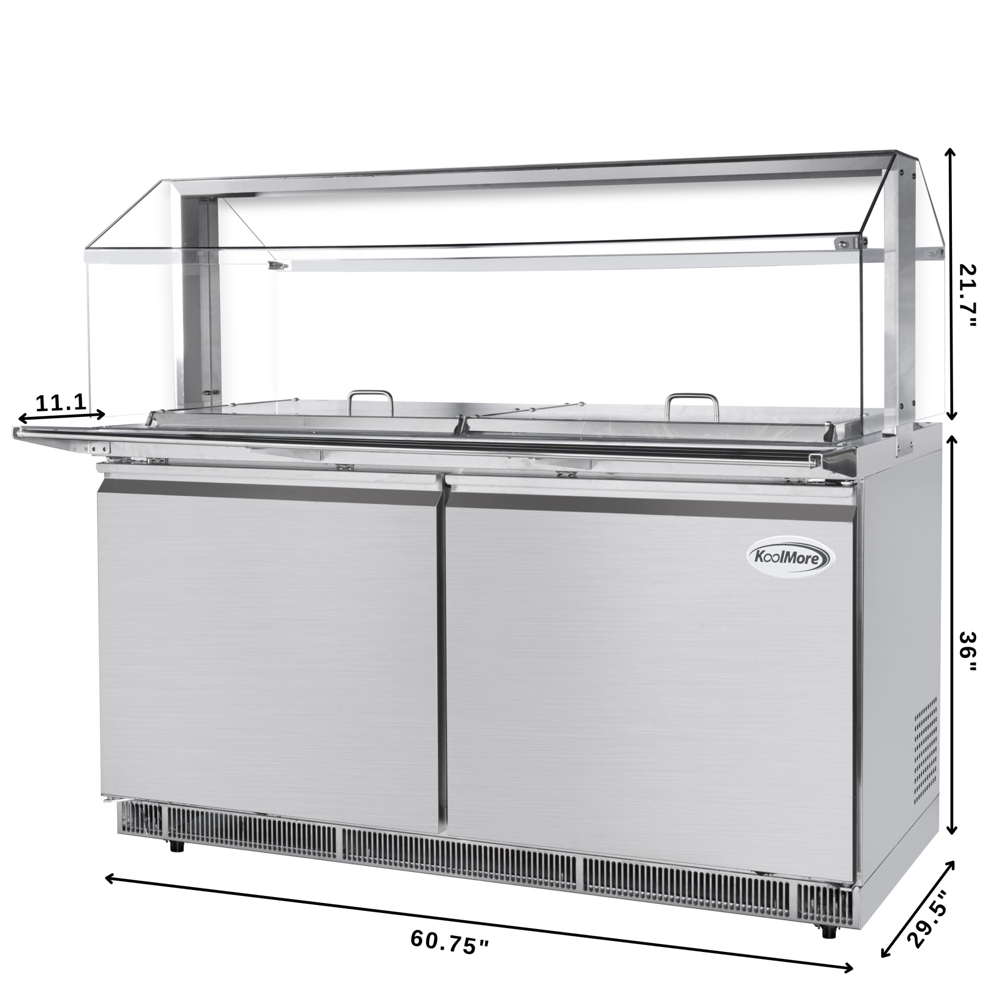 60 in. Commercial Refrigerated Prep Station with Sneeze Guard and Buffet Slide, 12-Pan (Not Included) Capacity with Covers and Two Adjustable Shelves in Stainless-Steel, ETL Listed