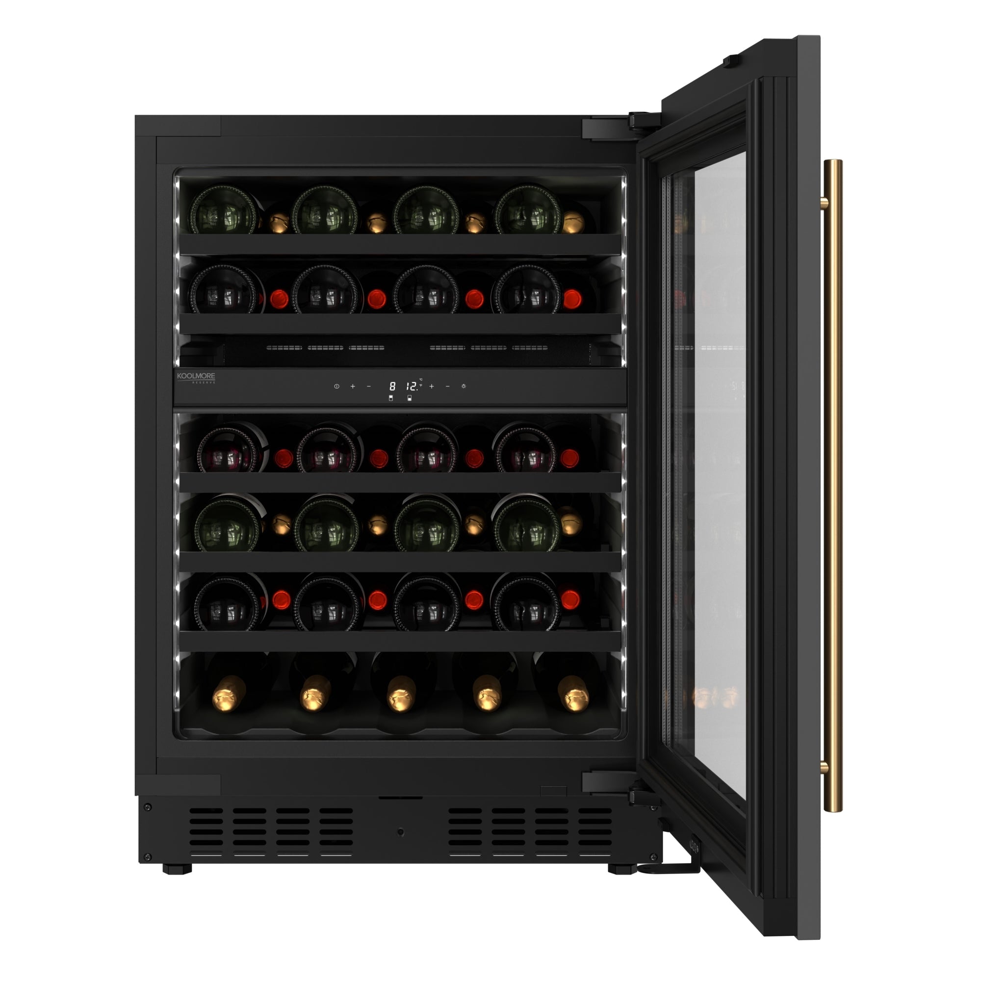 KoolMore Reserve 24 in. Under-Counter Panel Ready Dual Zone Built-in Wine Cooler with Black Shelves and 45 Bottle Capacity in Black