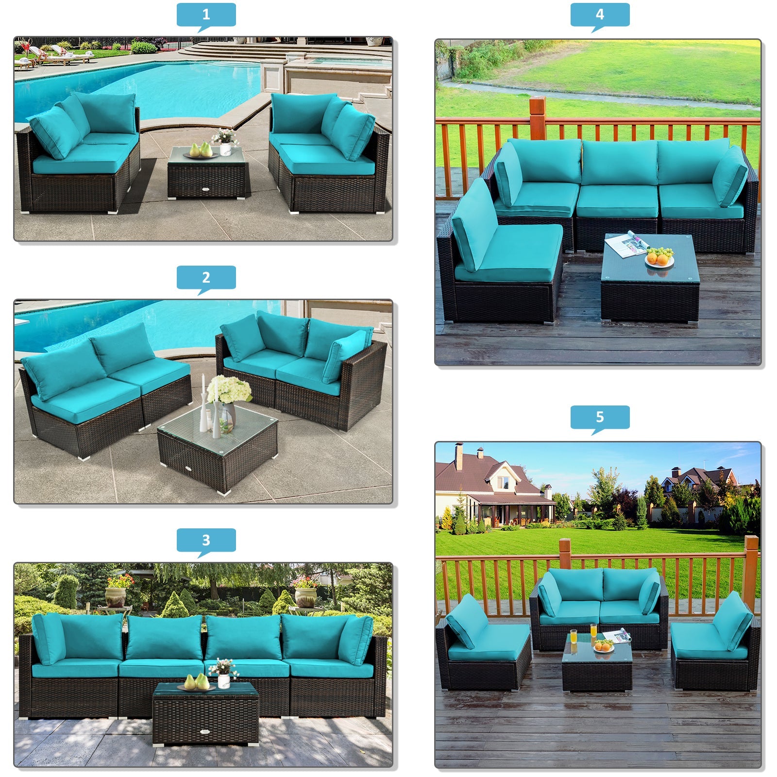 Costway 5-Piece Cushioned Patio Rattan Sofa Set with Glass Table Turquoise 80457192 New