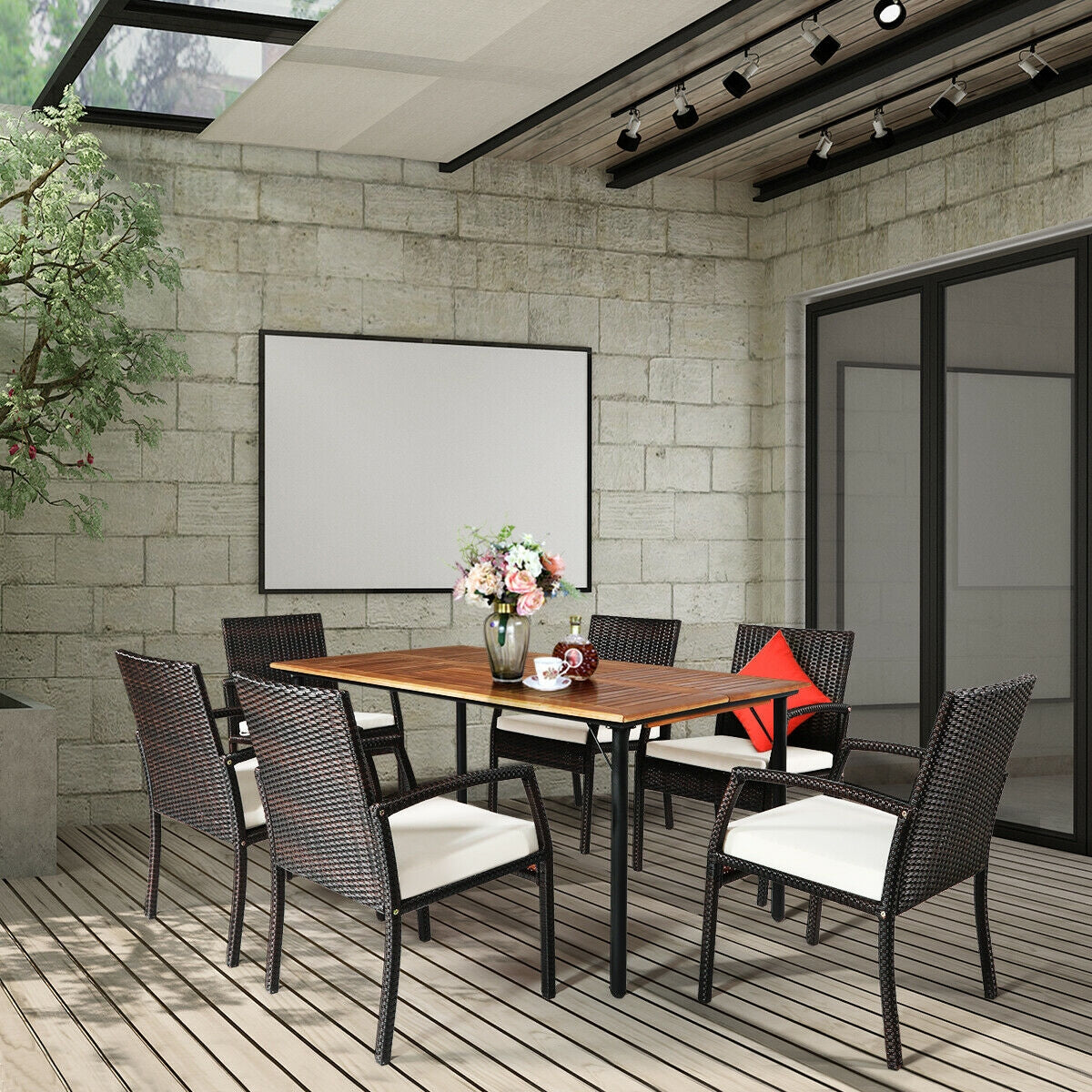 Costway 7-Pc Patio Rattan Cushioned Dining Set w/ Umbrella Hole 39746208 New