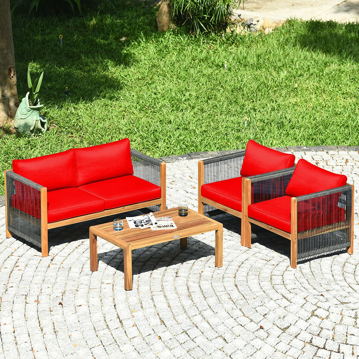 Costway 4-Piece Acacia Wood Outdoor Patio Sofa Set with Cushions 27630584 New